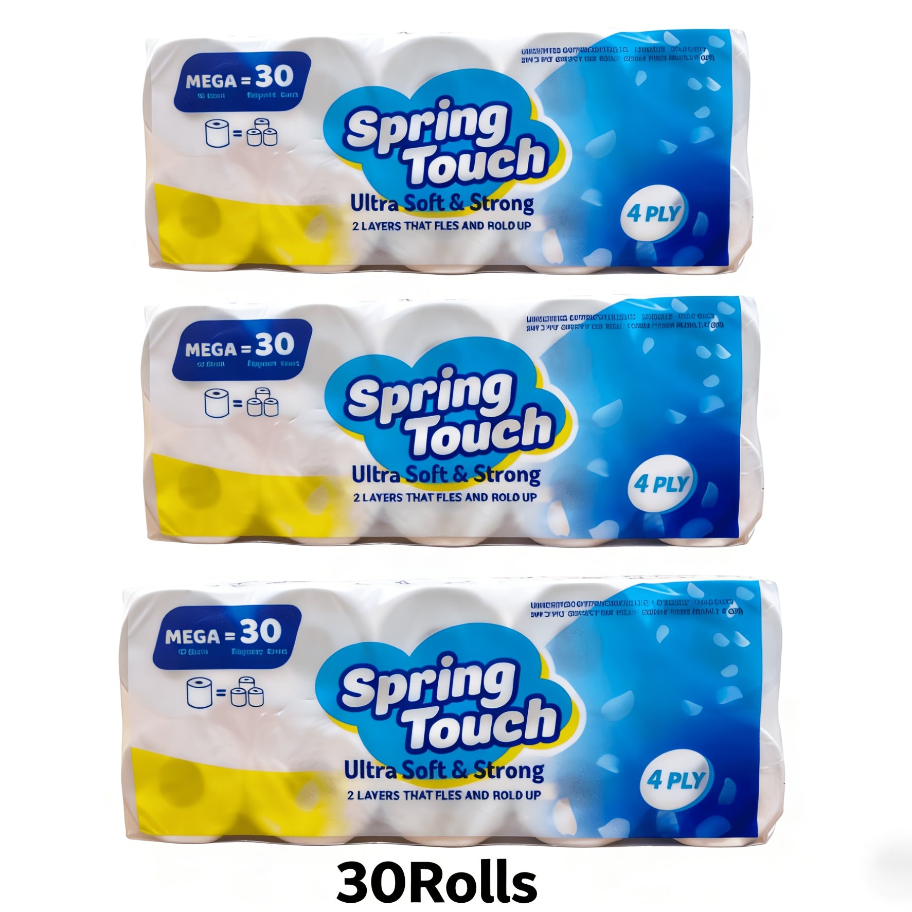 Spring Touch 4-Ply Toilet Paper Ultra Soft Strong Bath Tissue 10/20/30 Rolls Lint-Free