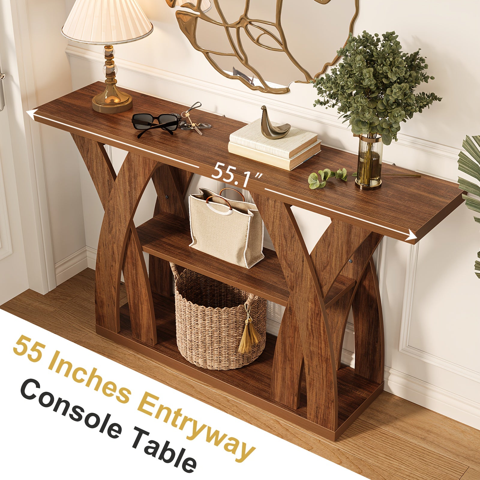 Rustic Console Table with Shelf, Entryway Sofa Table 55" Wood