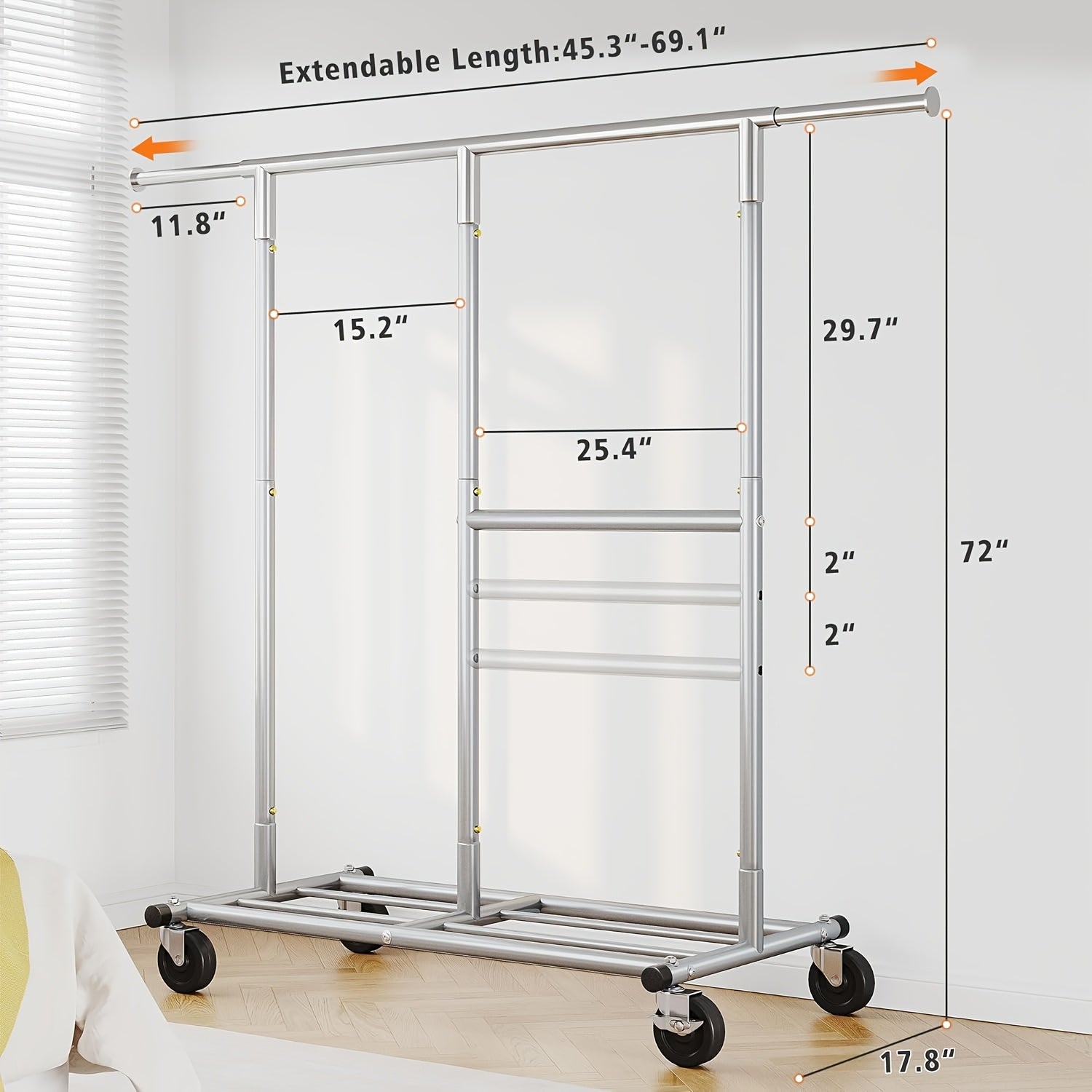 Raybee 74" Heavy Duty Clothes Rack Double Rod Garment Rack 630LBS w/Wheels