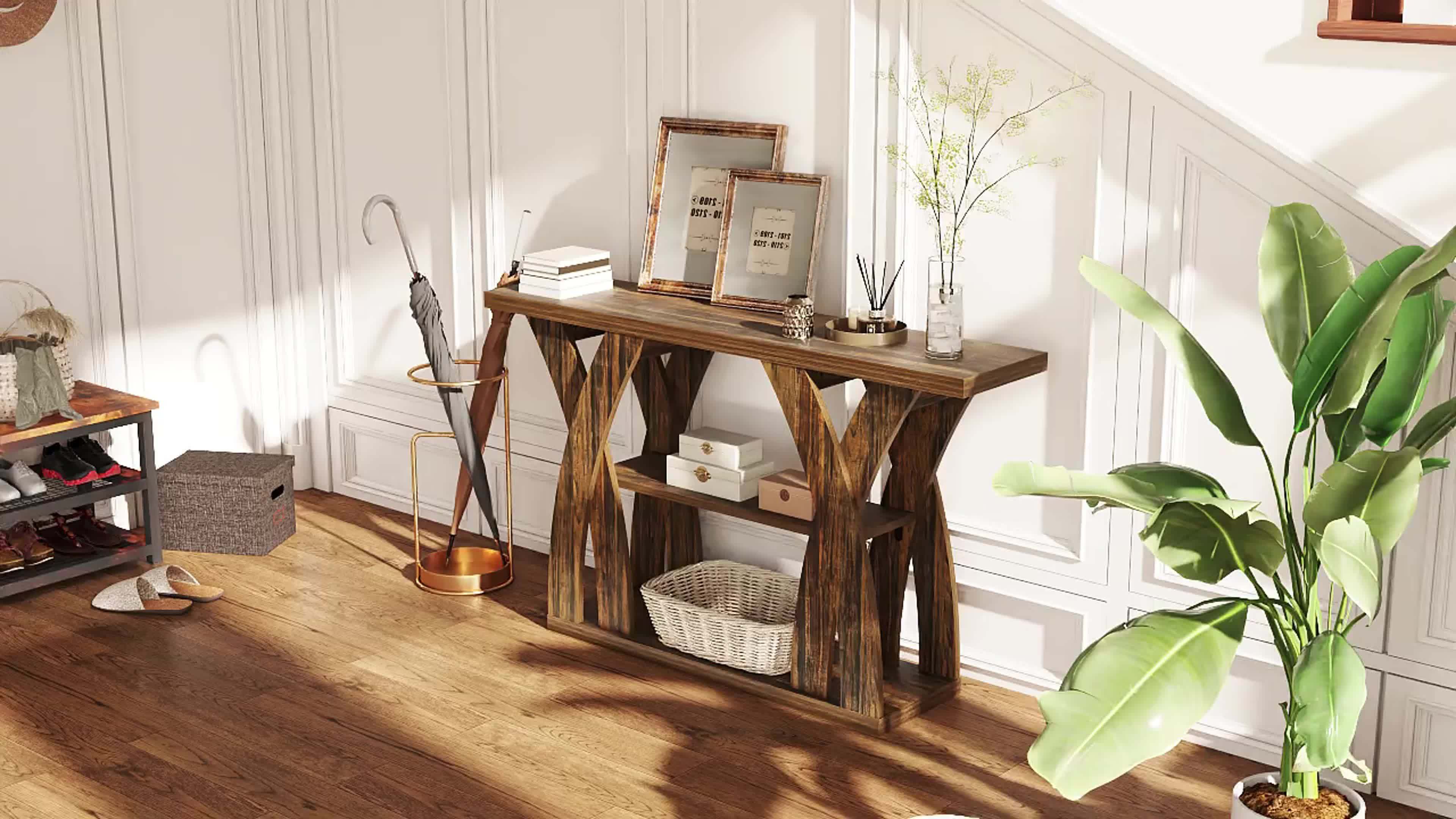 Rustic Console Table with Shelf, Entryway Sofa Table 55" Wood