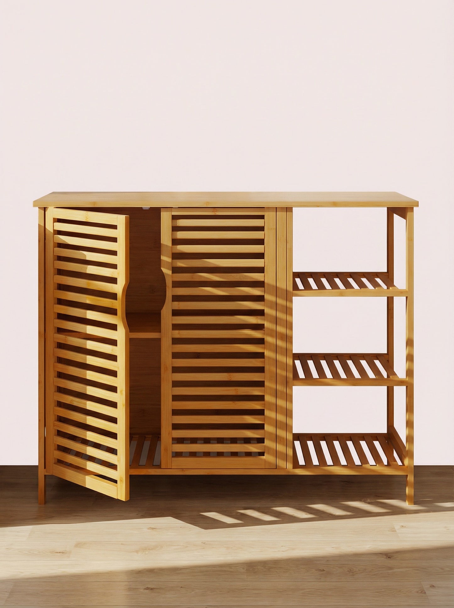 Bamboo 4 Tier Floor Cabinet with Doors, Freestanding Storage