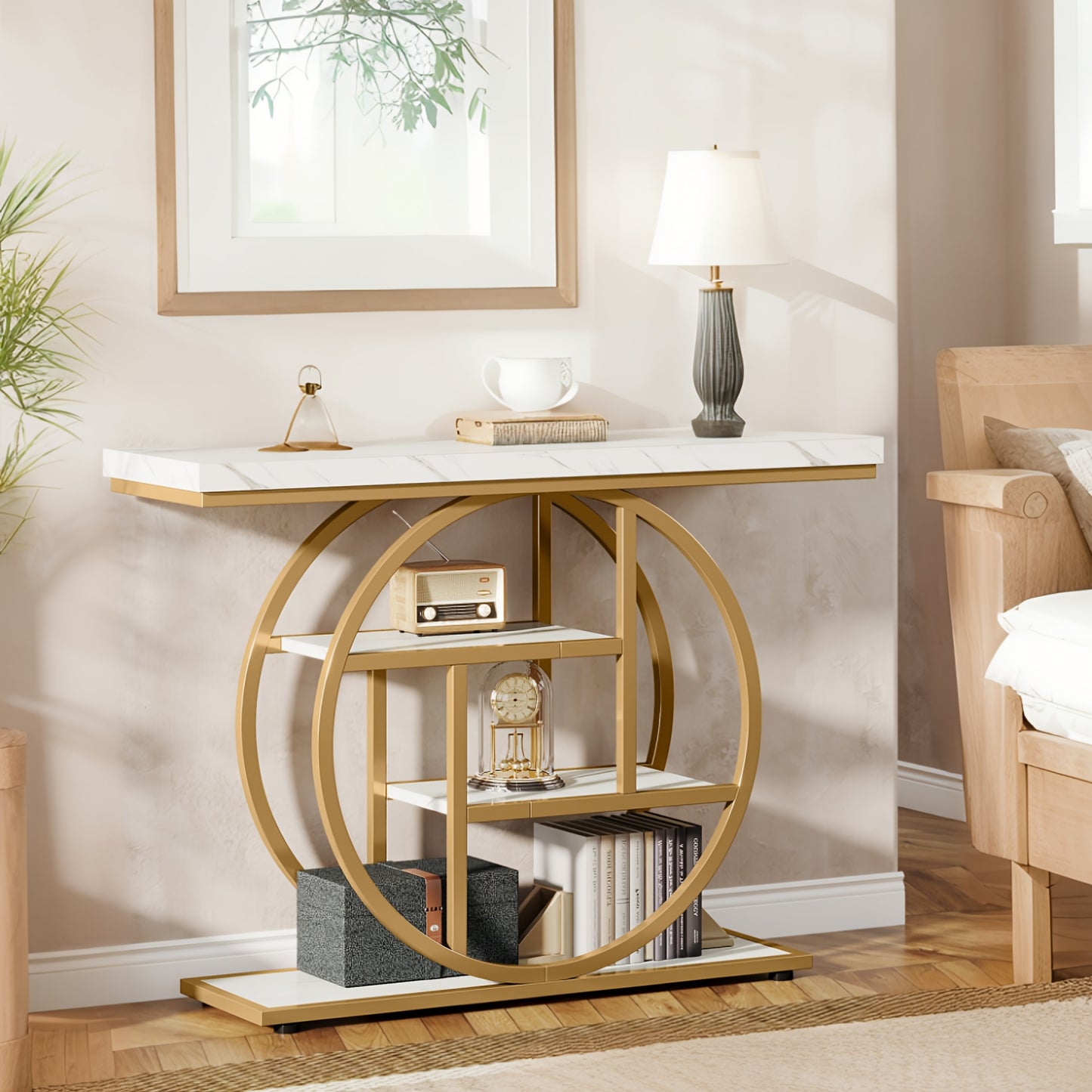 Luxury Gold Console Table with Marble Top, Modern Entryway Sofa Table