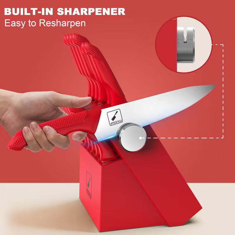 14-Piece Stainless Steel Kitchen Knife Set with Sharpener Block Red