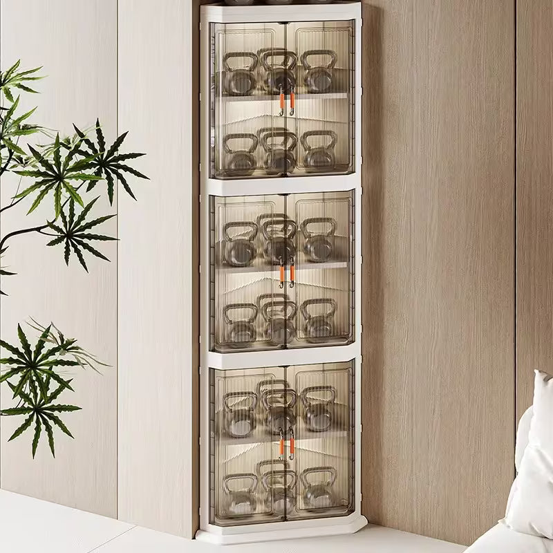 3-Tier Foldable Stackable Corner Storage Cabinet with Transparent Doors