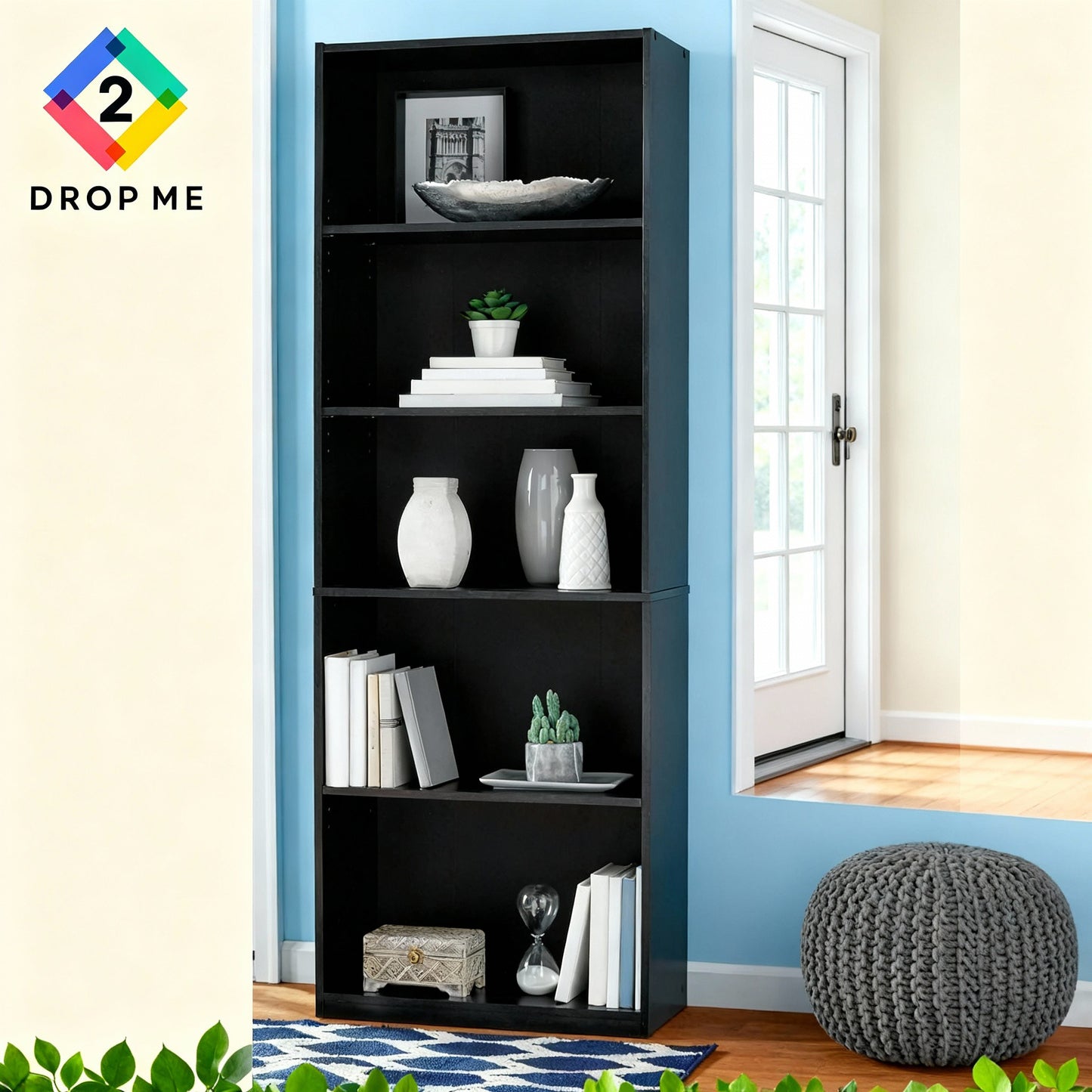 5-Shelf Bookcase with Adjustable Shelves – True Black Oak Finish