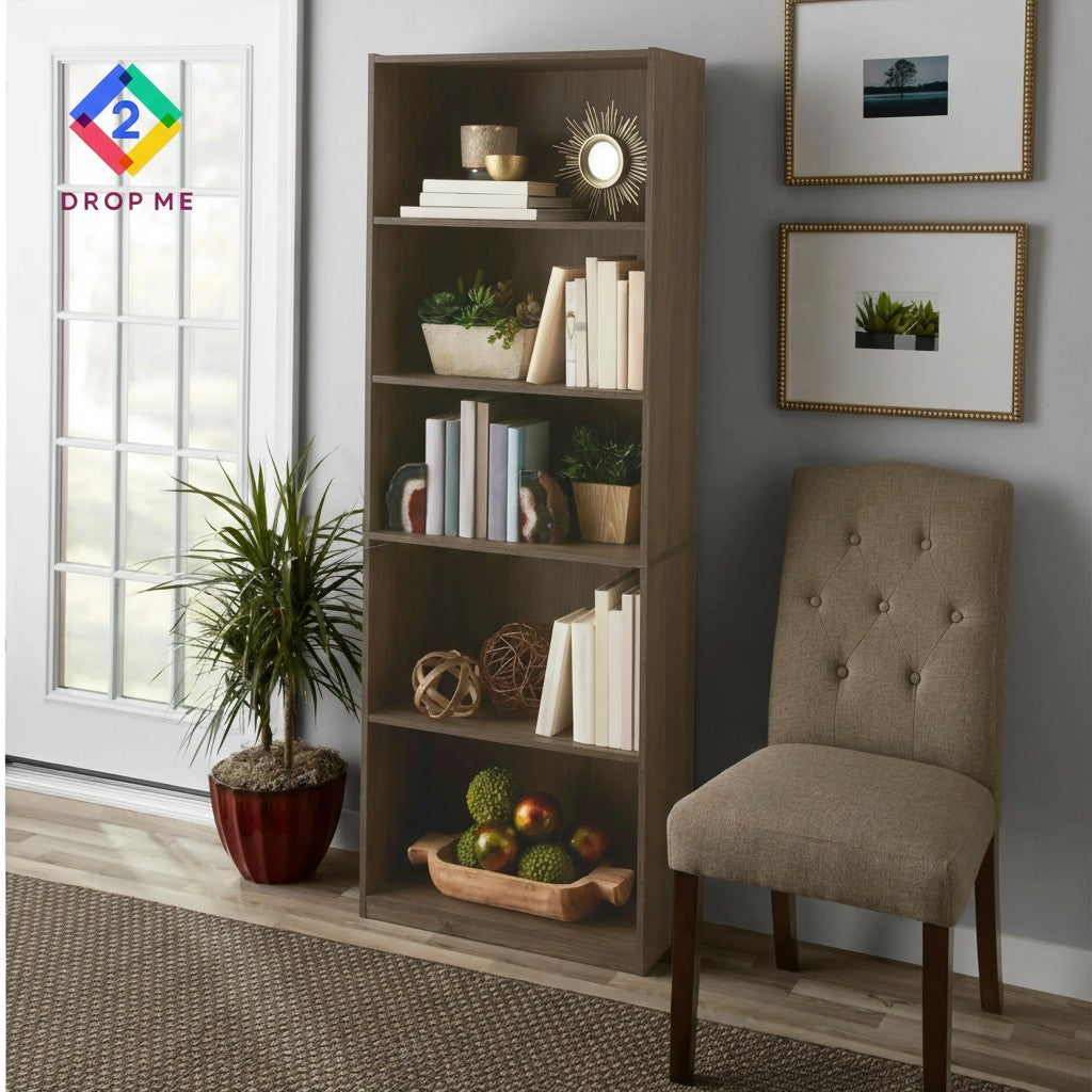 5-Shelf Bookcase with Adjustable Shelves – True Black Oak Finish