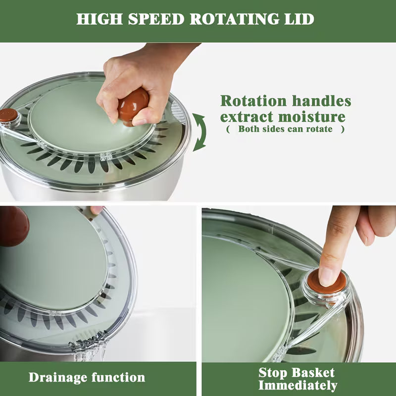 Stainless Steel Salad Spinner, Lettuce Spinner with Drain, Non-Slip Base, Stop Button, Vegetable Dryer, BPA Free, 5.3 Qt