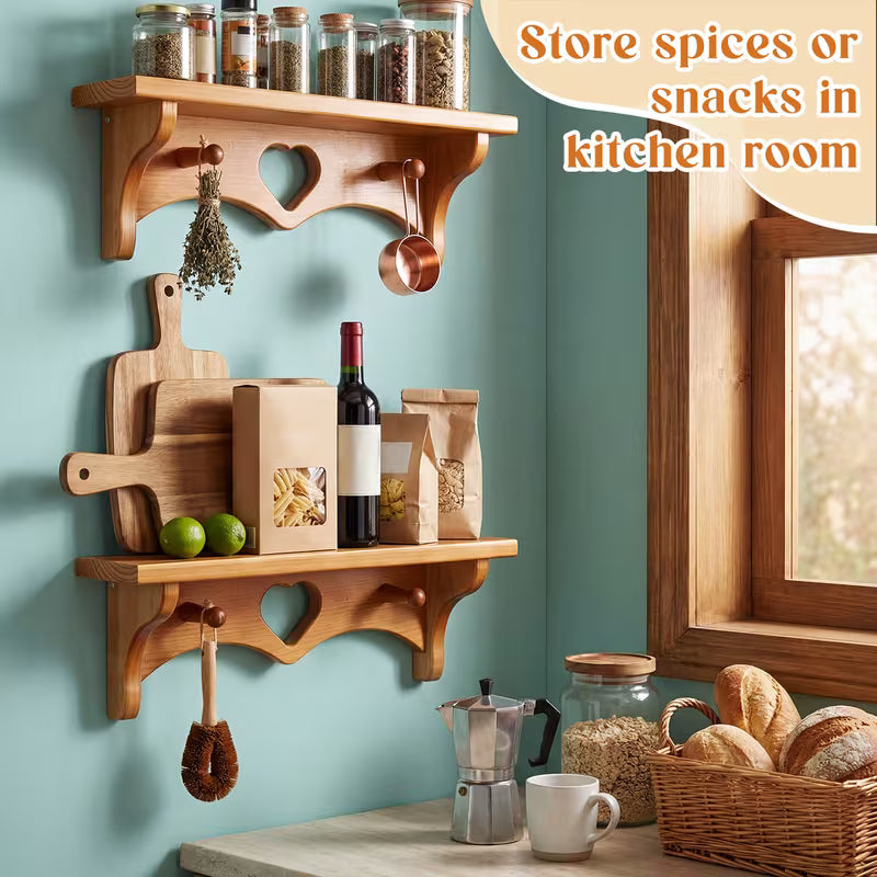 2-Piece 16in Wooden Heart Floating Shelves with Hooks