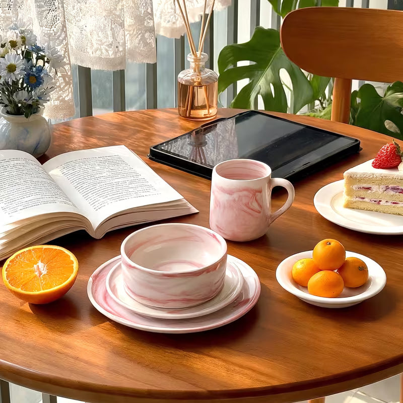 Marbled Round Ceramic Dinnerware Set with Plates and Bowls