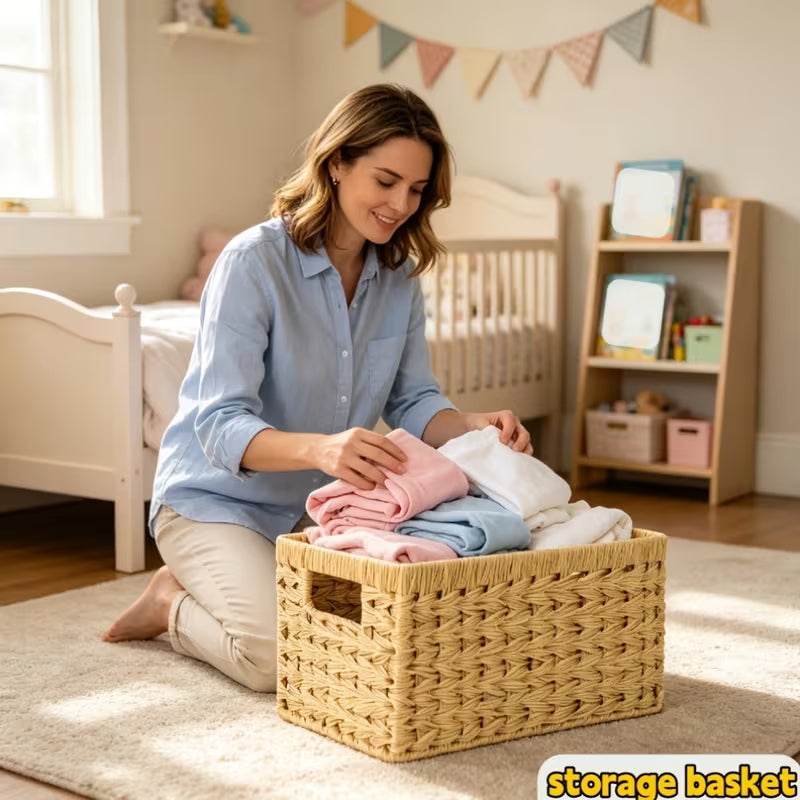 Woven Hyacinth Storage Baskets with Cut-out Handles