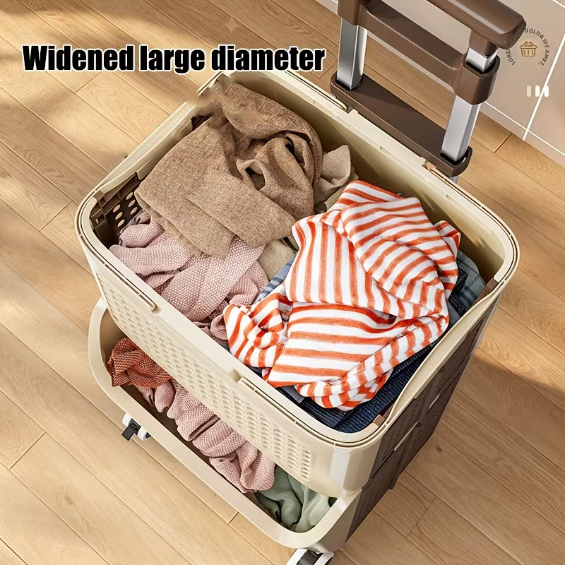 Collapsible Double-Layer Plastic Laundry Basket with Wheels