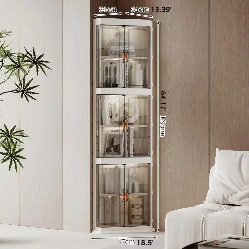 3-Tier Foldable Stackable Corner Storage Cabinet with Transparent Doors