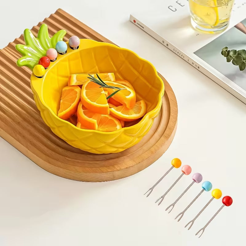 Pineapple-Shaped Ceramic Fruit Bowl with Stainless Steel Fork Set