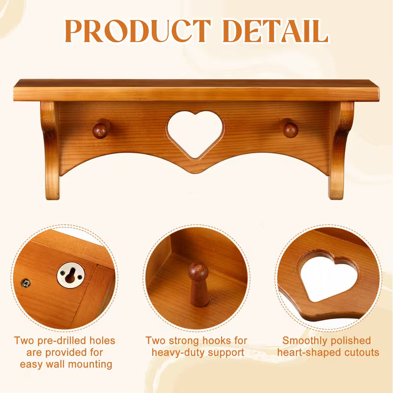 2-Piece 16in Wooden Heart Floating Shelves with Hooks