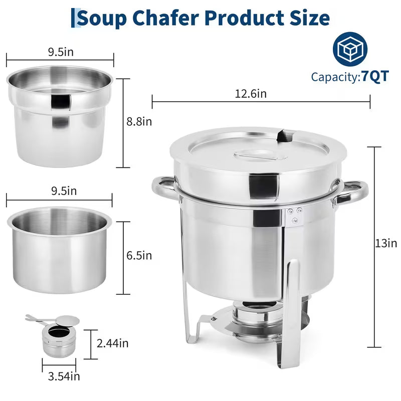 2-Pack 7-Quart Stainless Steel Round Soup Chafing Dish Set