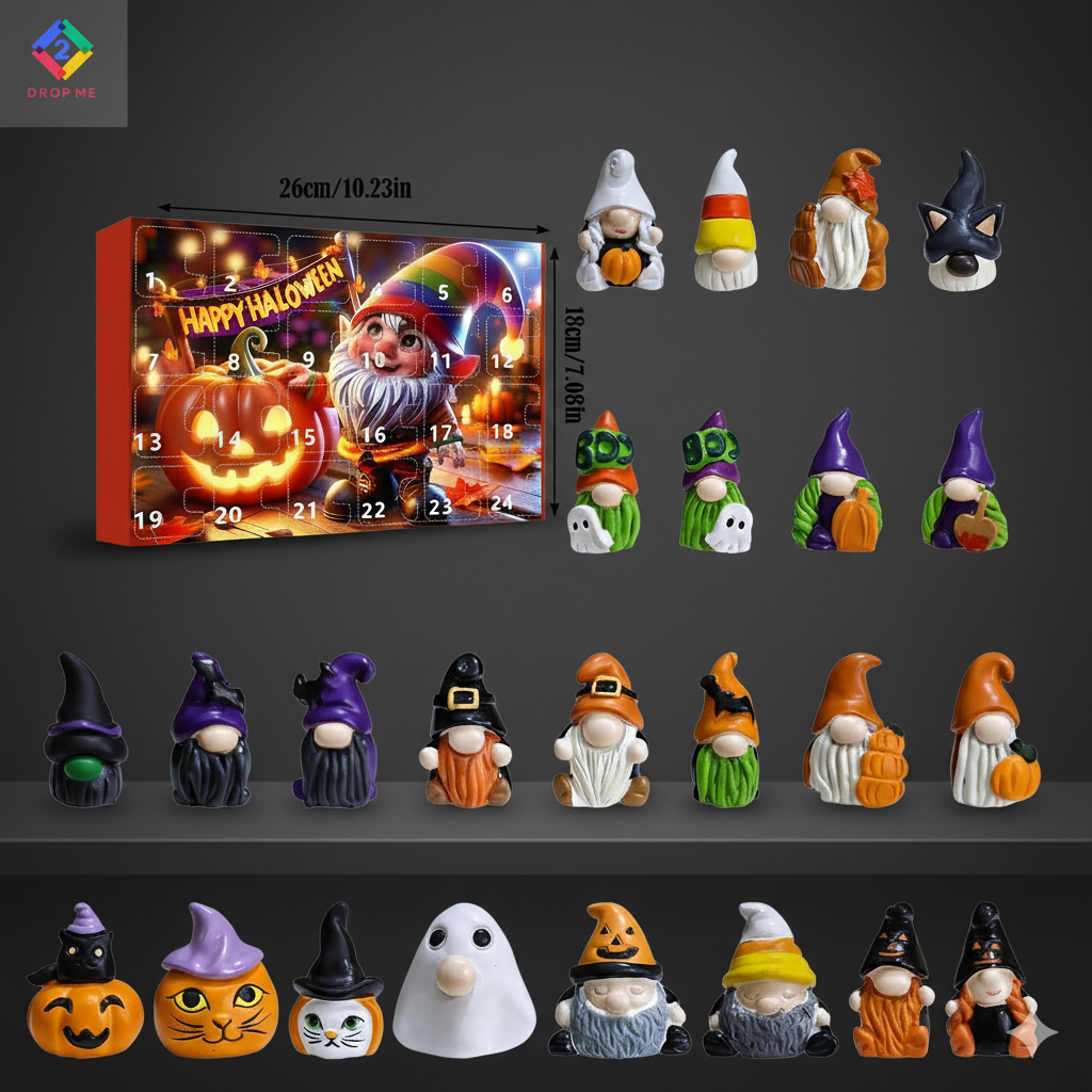 Halloween Advent Calendar 2025 Nightmare Christmas edition, 24-day countdown box with pumpkin design, including 24 collectible mini gnome, witch, ghost, and pumpkin figurines for kids and adults.