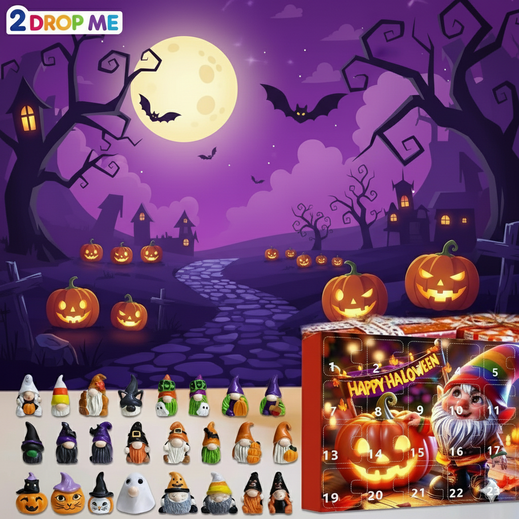 Halloween Advent Calendar 2025 Nightmare Christmas edition with 24-day countdown, featuring spooky pumpkin background and 24 collectible mini gnome and ghost figurines for kids and adults.