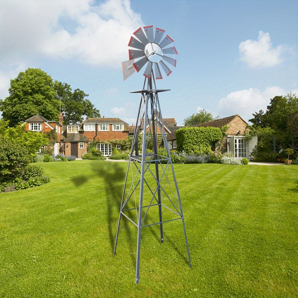 8ft Green Windmill with Weather Vane 4-Legged Standing Rotatable Iron Garden Decoration
