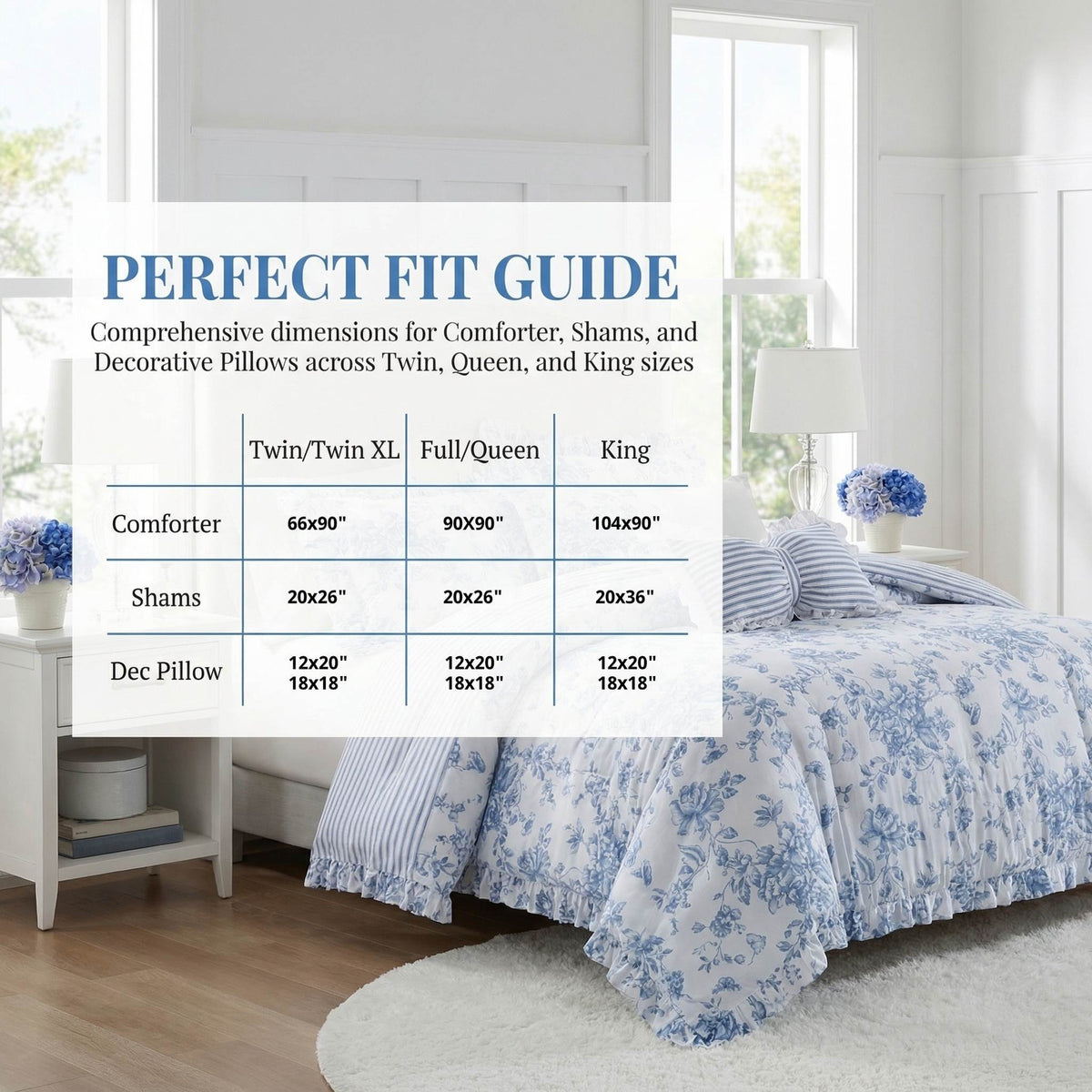 Romantic Blue Floral Reversible Comforter Set with Ruffled Pillows