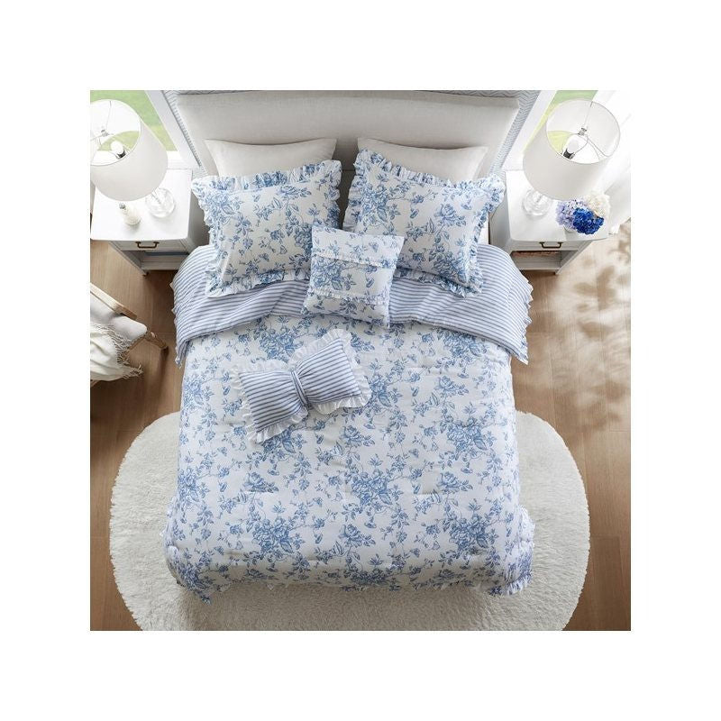 Romantic Blue Floral Reversible Comforter Set with Ruffled Pillows
