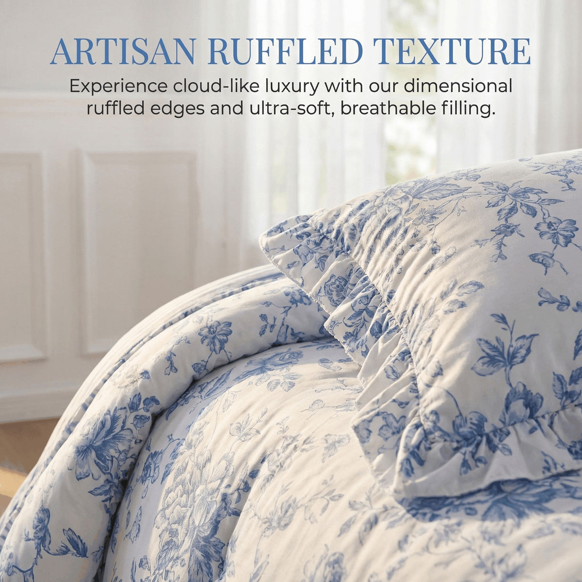 Romantic Blue Floral Reversible Comforter Set with Ruffled Pillows