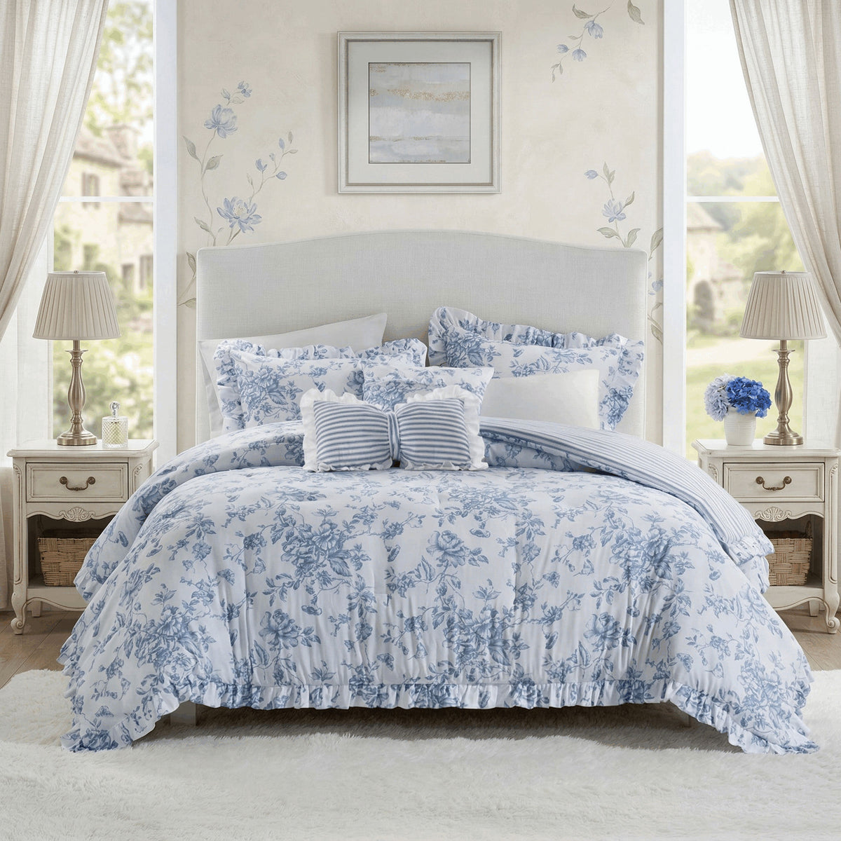 Romantic Blue Floral Reversible Comforter Set with Ruffled Pillows