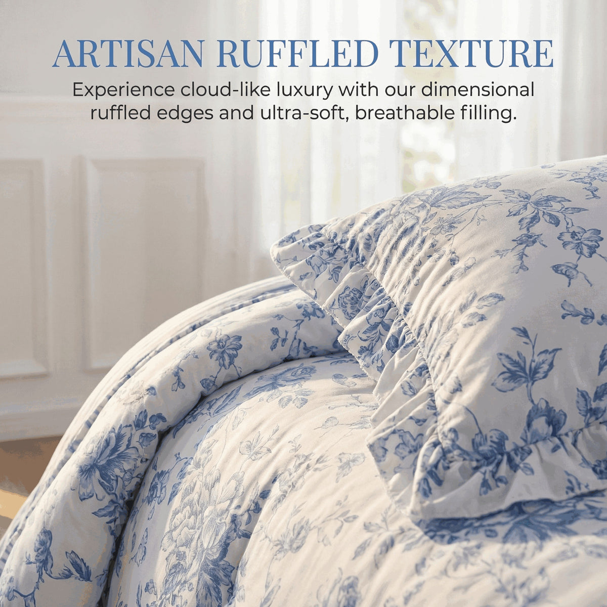 Romantic Blue Floral Reversible Comforter Set with Ruffled Pillows