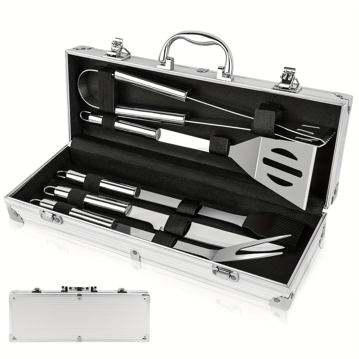 Heavy Duty Stainless Steel BBQ Accessories Set with Aluminum Storage Case