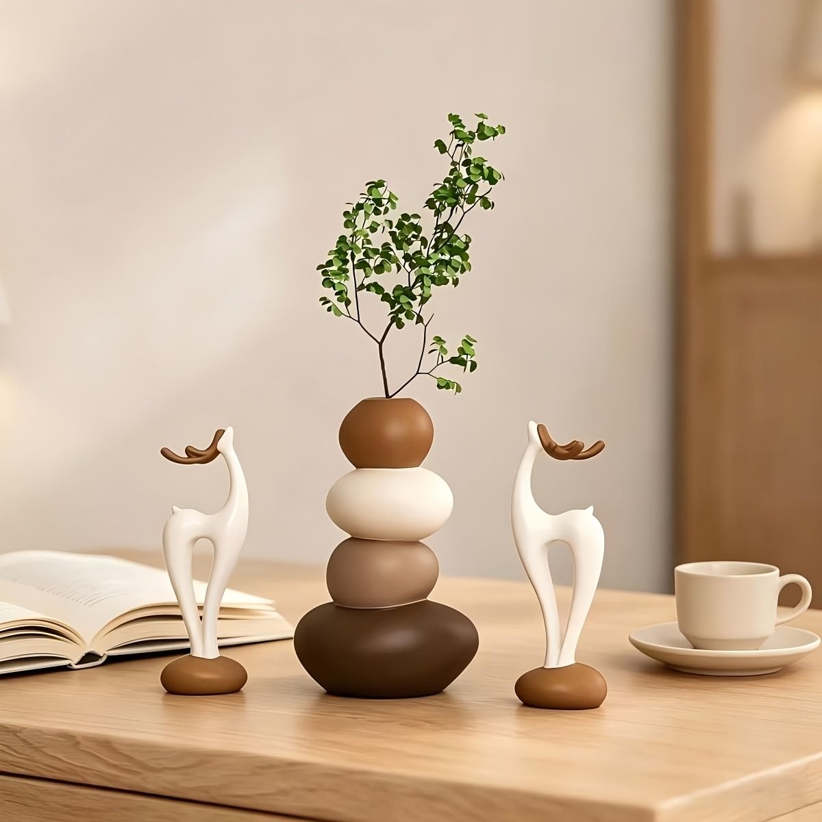 Layered Stone Vase Deer Figurine Set