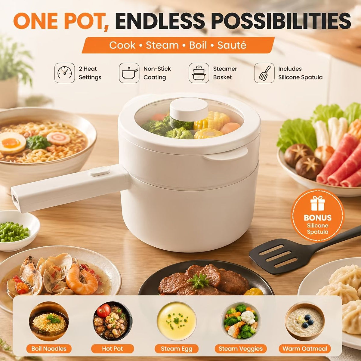 2L Electric Pot with Steaming Basket 600W