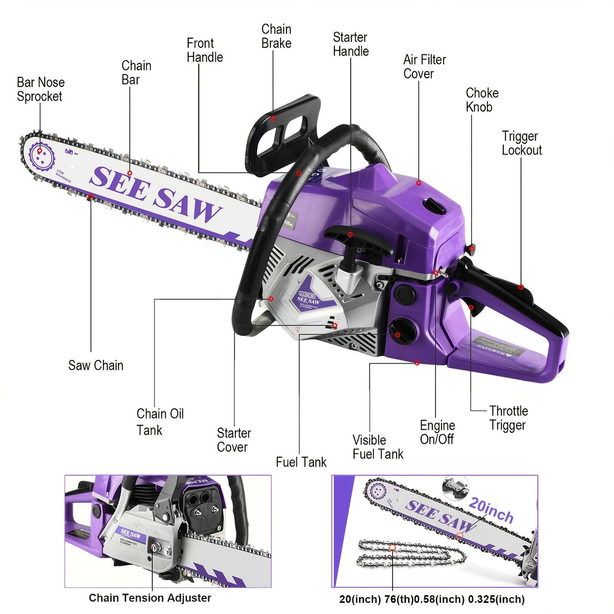 62cc Gas Chainsaw with 20 Inch Guide Bar