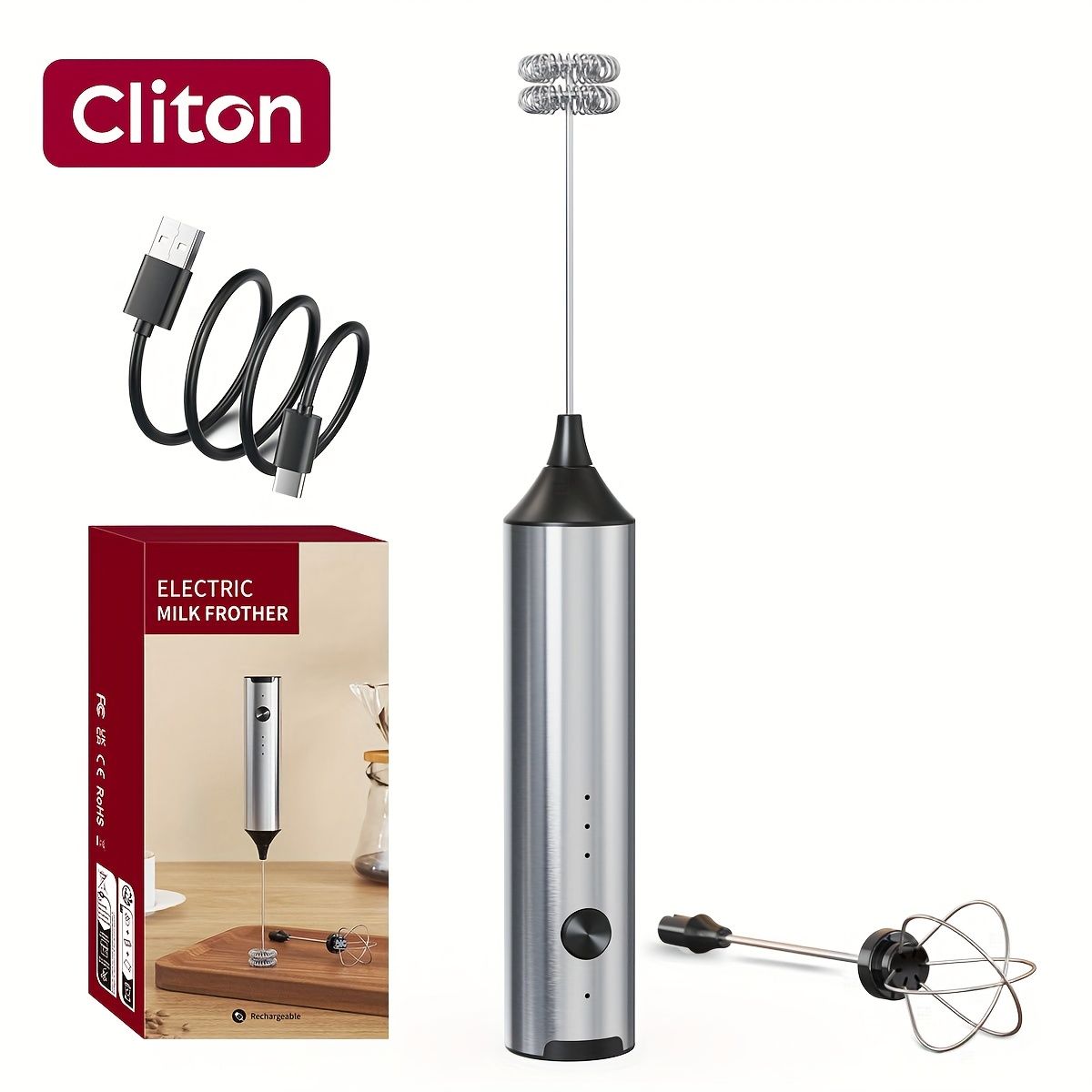 Rechargeable Electric Milk Frother with 2 Heads