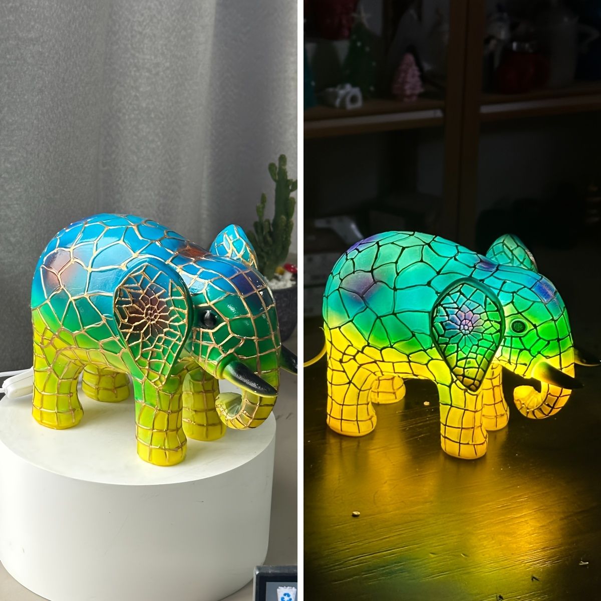 Stained Glass Elephant LED Lamp USB Resin Sculpture