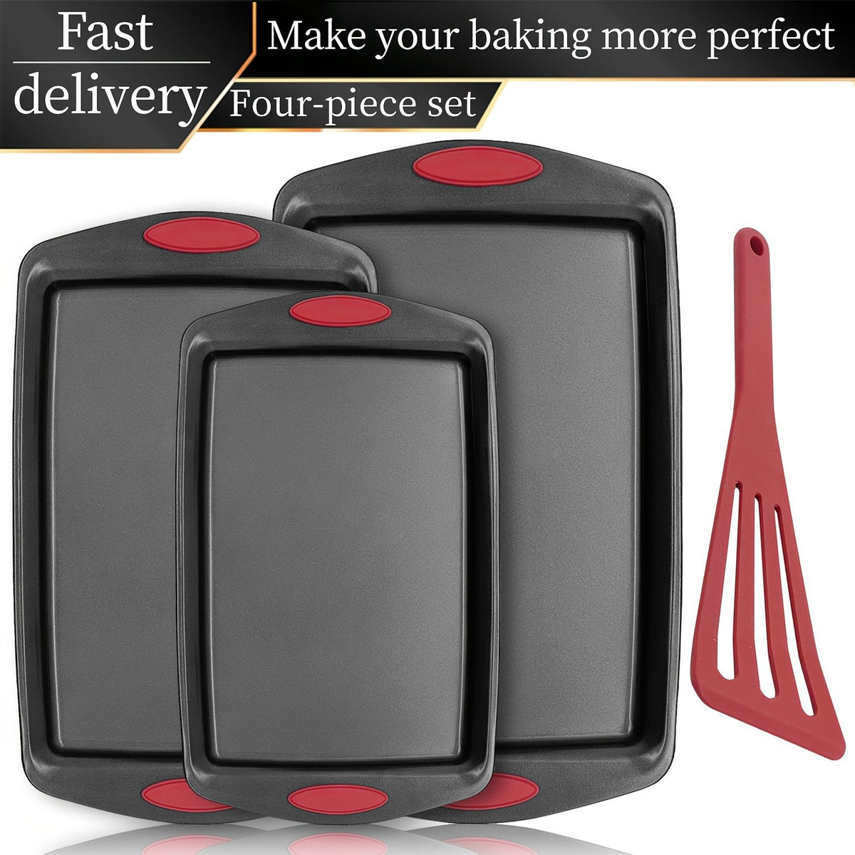 Non Stick Steel Baking Pan Set with Red Silicone Handles