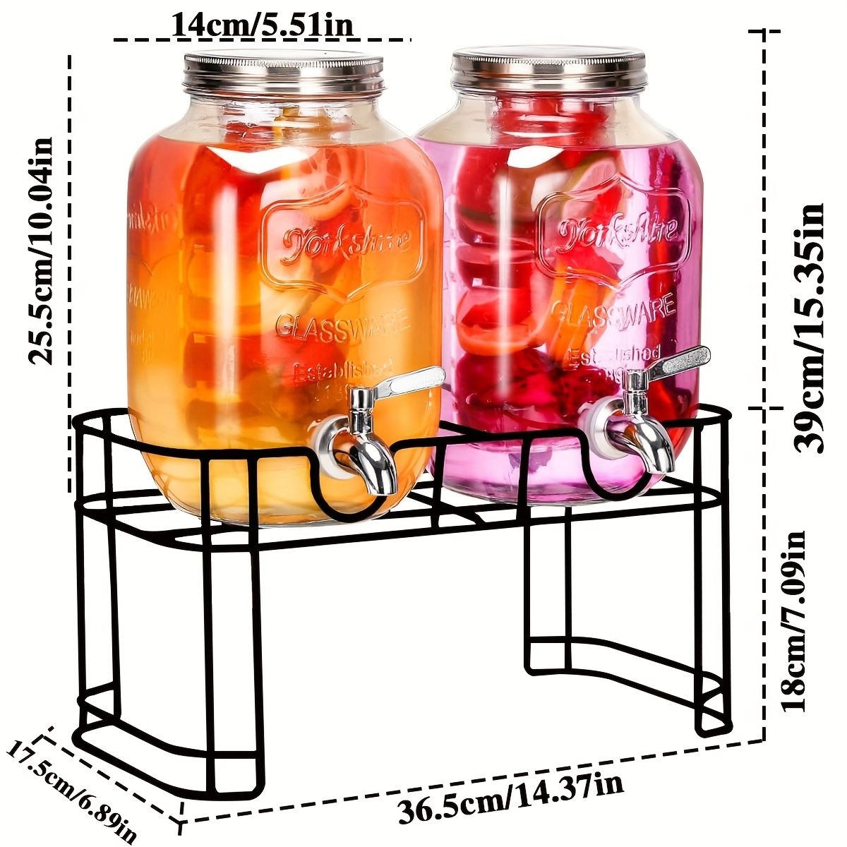 2 Pack 1 Gallon Glass Drink Dispenser with Stand and Stainless Steel Spigot