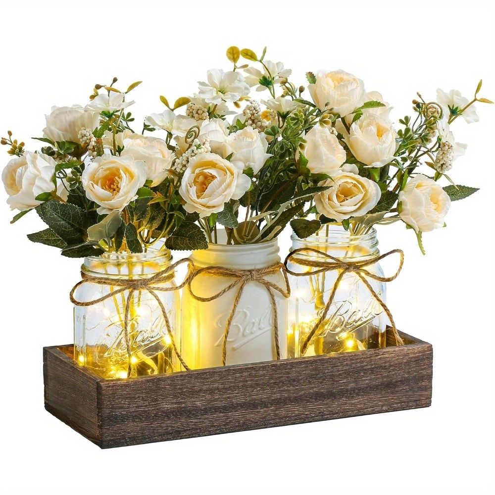 Mason Jar Centerpiece Set with Wood Tray and LED Light