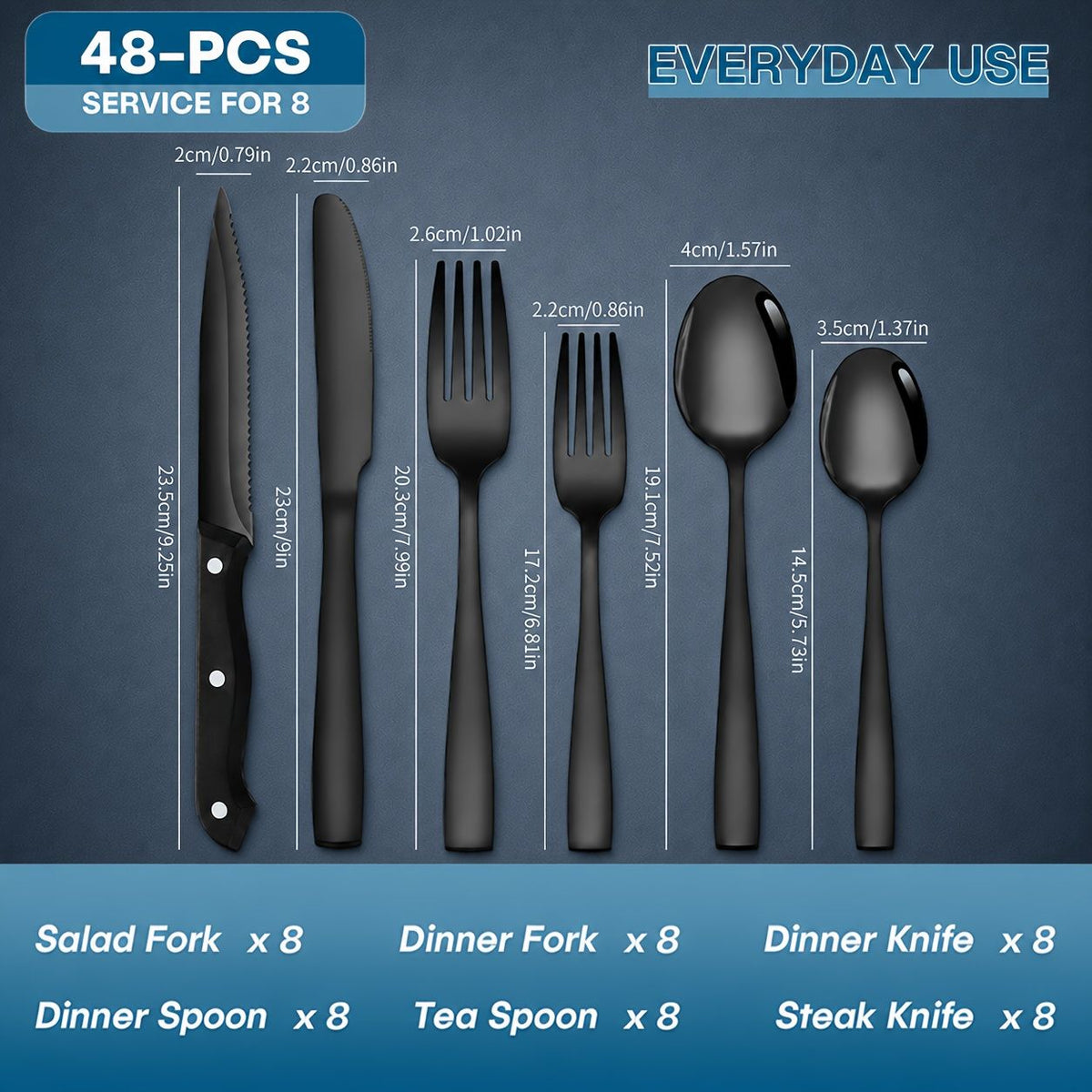 48-Piece Black Stainless Steel Flatware Set with Steak Knives