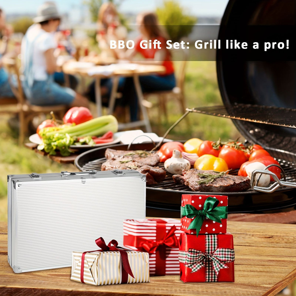 Heavy Duty Stainless Steel BBQ Accessories Set with Aluminum Storage Case
