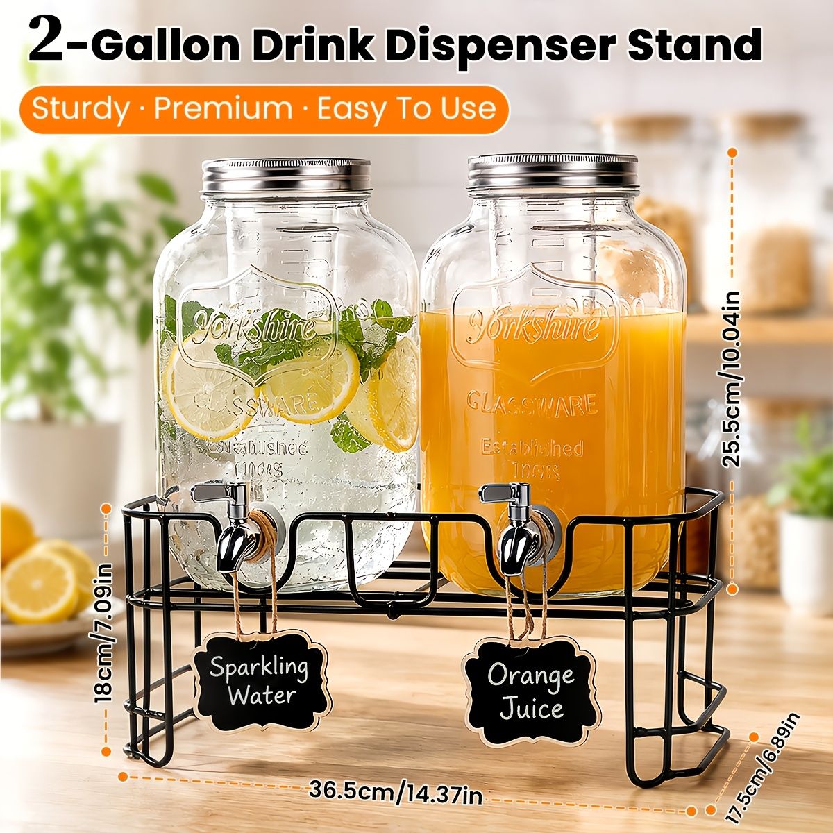 2 Pack 1 Gallon Glass Drink Dispenser with Stand and Stainless Steel Spigot