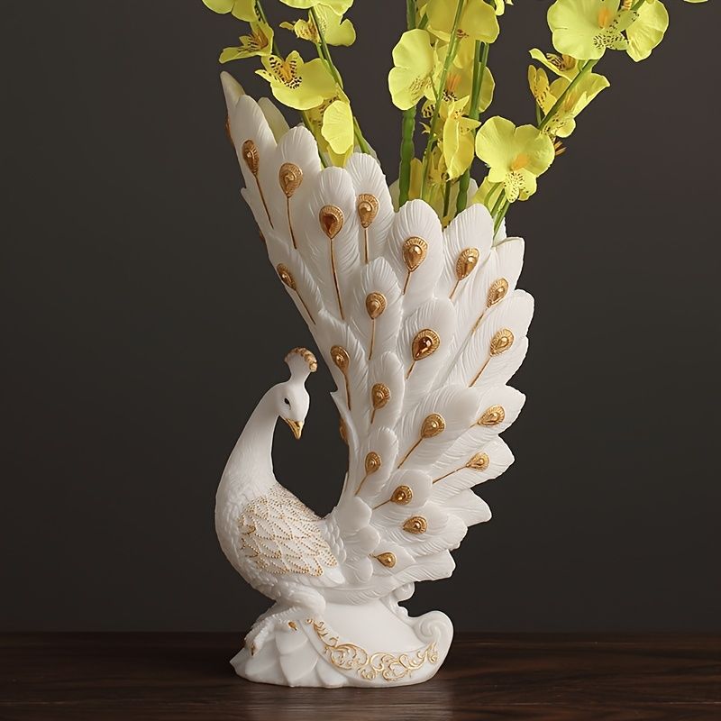 6.7-Inch Elegant White Peacock Hand-Painted Resin Decorative Vase