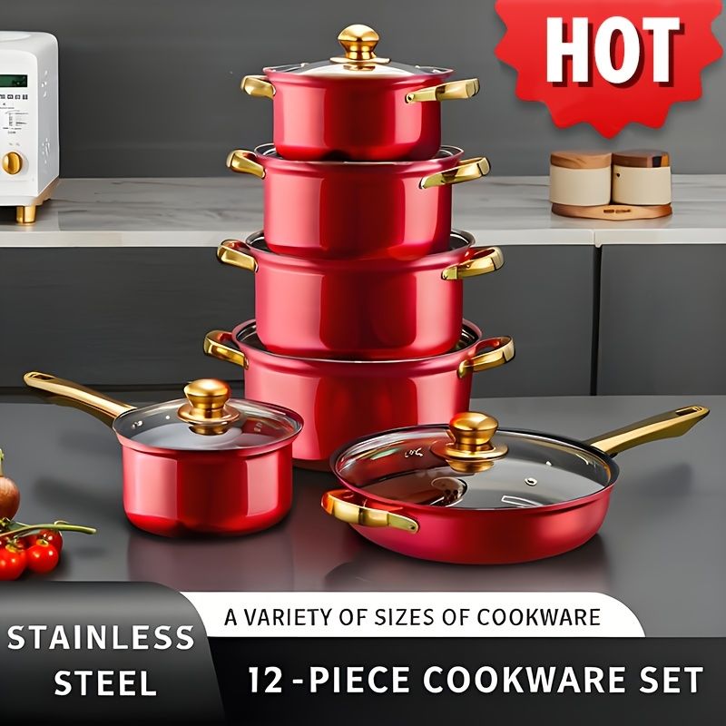 12-Piece Stainless Steel Cookware Set with Saucepans and Wok