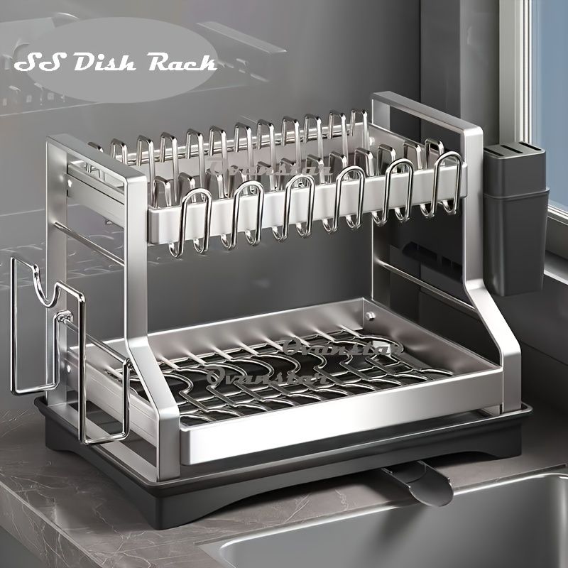 2-Tier Stainless Steel Rust-Resistant Dish Drying Rack with Drainboard