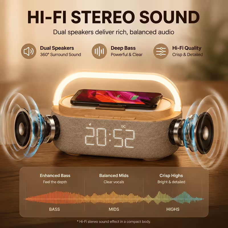 Wireless Charging Alarm Clock Radio with Speaker and LED Night Light