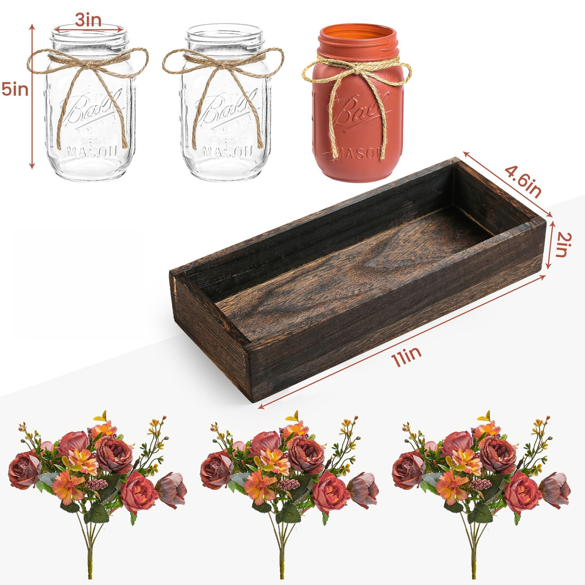 Mason Jar Centerpiece Set with Wood Tray and LED Light