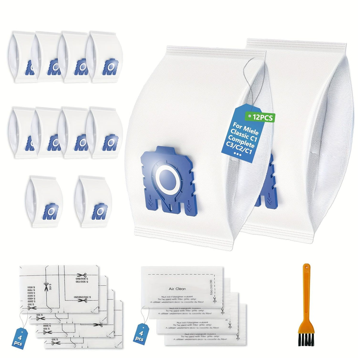 12 Pack Vacuum Bags with 8 Filters for Miele C1 C2 C3