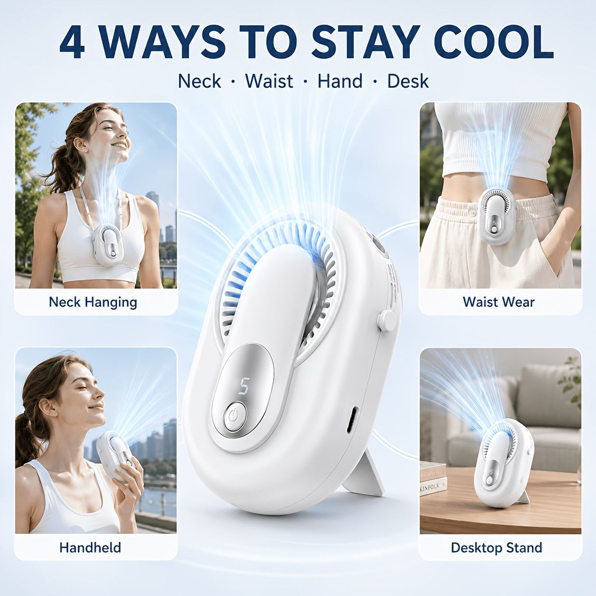 Portable Waist and Neck Fan with Lanyard and Desk Stand
