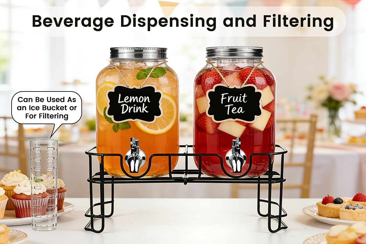 2 Pack 1 Gallon Glass Drink Dispenser with Stand and Stainless Steel Spigot