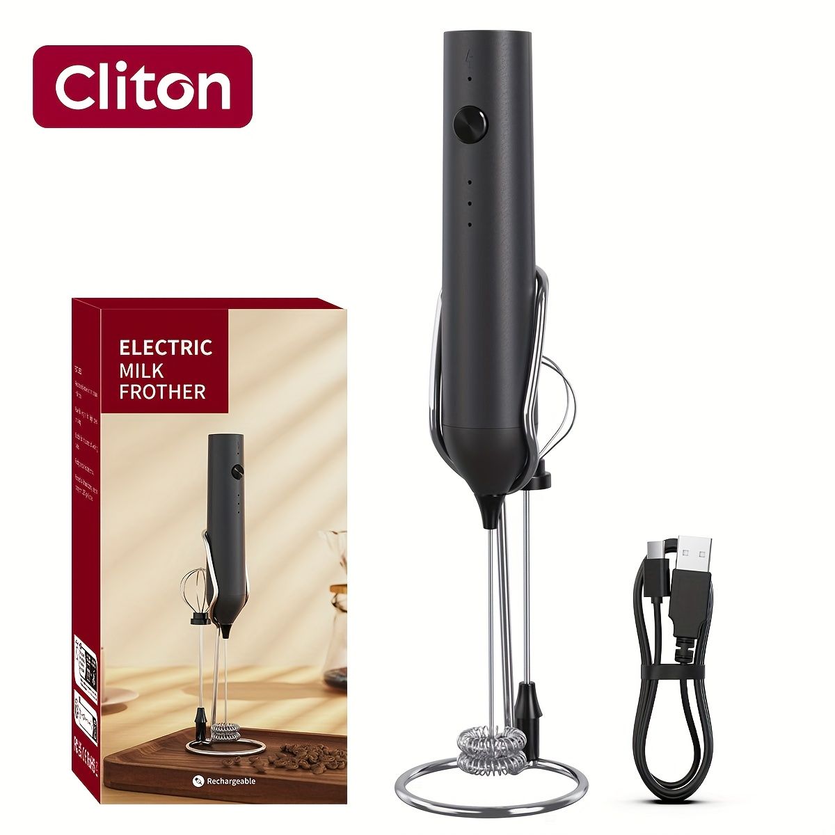 Rechargeable Electric Milk Frother with 2 Heads