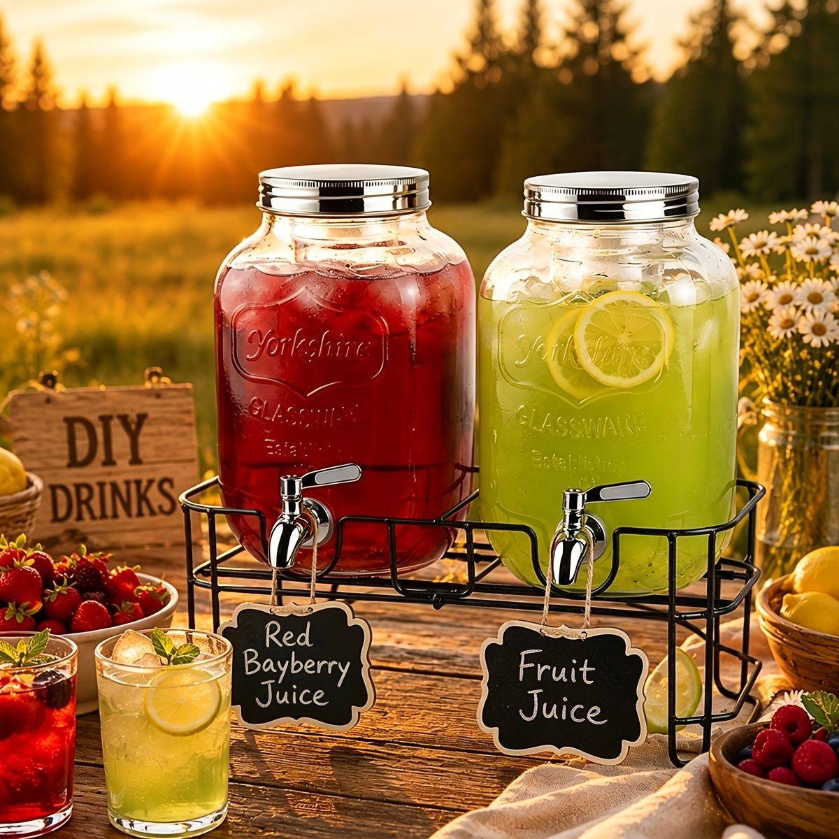 2 Pack 1 Gallon Glass Drink Dispenser with Stand and Stainless Steel Spigot