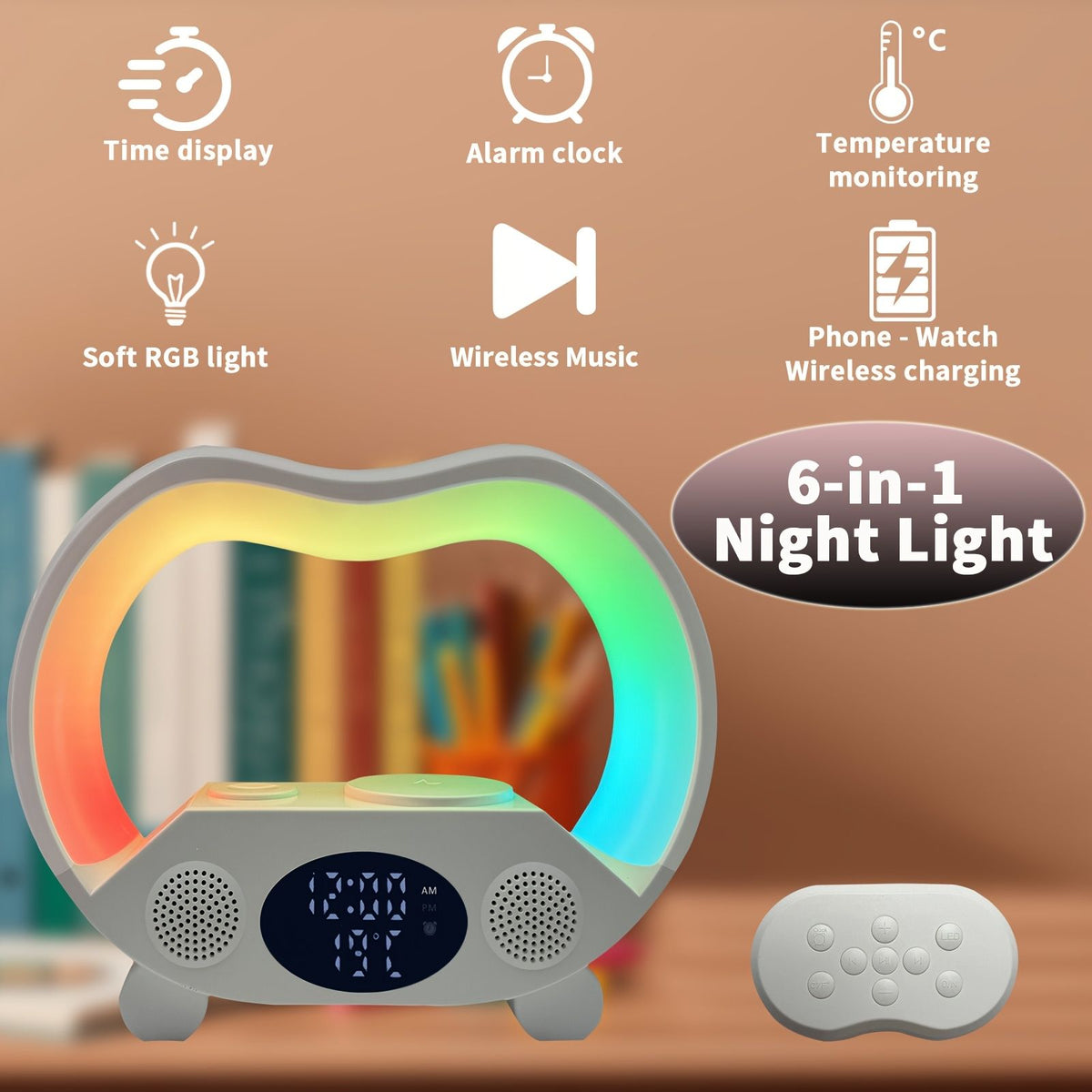 6-in-1 RGB Night Light Speaker Alarm Clock Wireless Charger